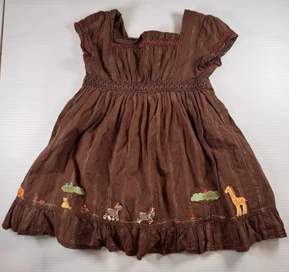 Gymboree Girls 2T Brown Smocked Safari Dress Giraffe Zebra Elephant Cotton